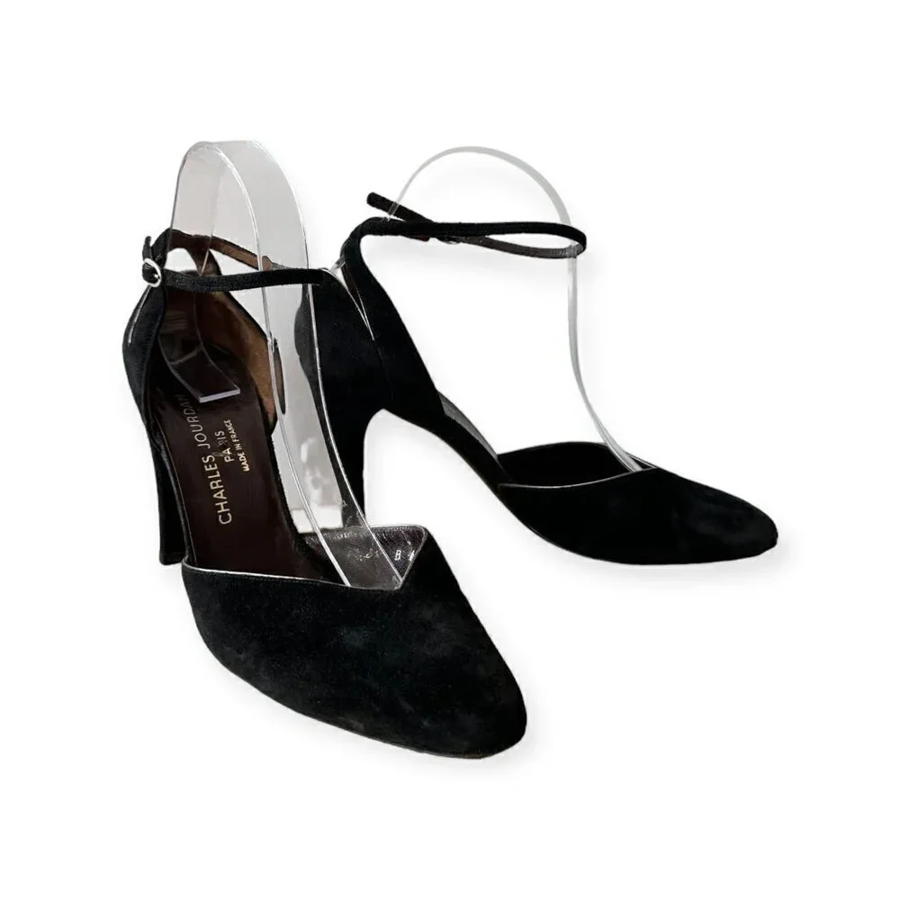 Vintage Charles Jourdan Black Suede Ankle Strap Pumps,  Size 8 1/2